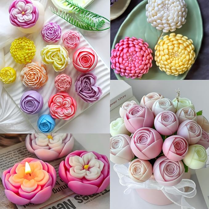 6 PCS Flower Candle Resin Molds Silicone Flower Mold,3D Heart Rose Silicone Mold for Candle Soap Chocolate Making Valentine Mother Day Silicone Mold Rosas Silicona para Velas
