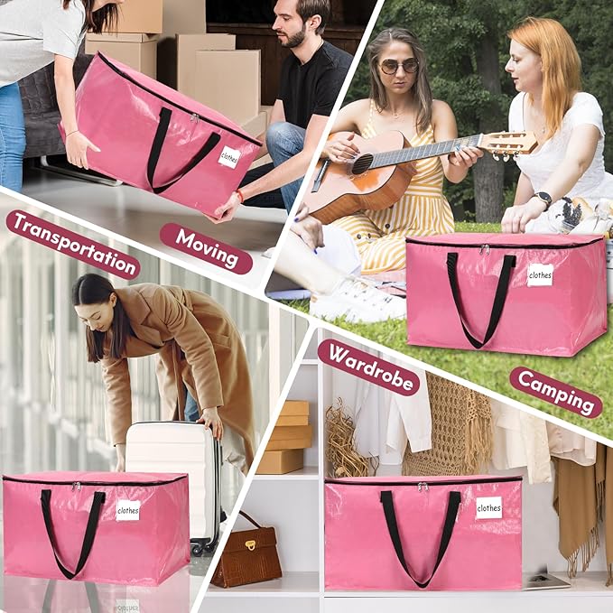 6-Pack Extra-Large Heavy-Duty Storage Totes with Reinforced Handles, Durable Zippers & Waterproof Material — Perfect for Space-Saving, Moving, Shipping and Travel (Pink)