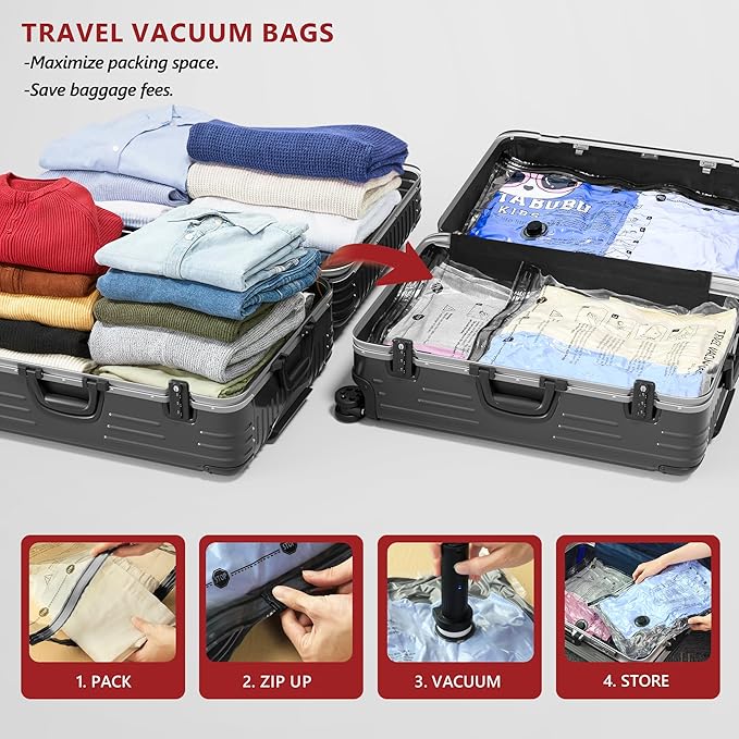 Travel Vacuum Bags for Clothing with Rechargeable Electric Pump, Compression Packing Cubes Organizer Storage for Luggage Suitcase, Space Saver Seal Bags for Vacation Cruise, 8 Small