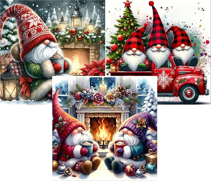 3 Pack Christmas Gnome Diamond Painting Kits For Adults-Red Car Gnomes Diamond Art Kits For Adults Beginner,Drink Coffee DIY 5D Full Round Drill Crystal Gem Art Crafts For Home Wall Decor 12x12 In