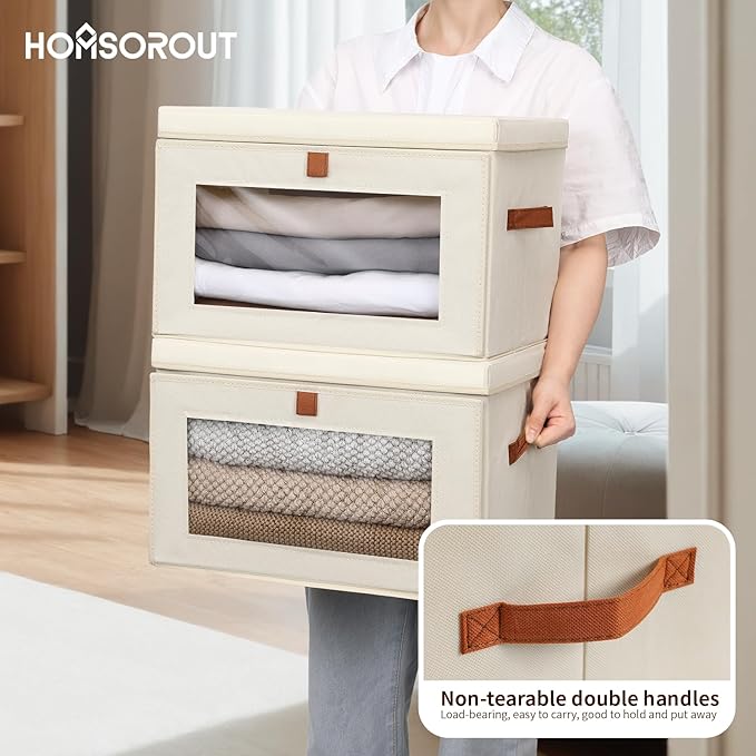 Large Closet Storage Bins - Collapsible Clothing Organizer with Handles & Window, Decorative Bin with Lids, Linen Closet Organizers for Living Room, Dorm, 8 Pack, Beige