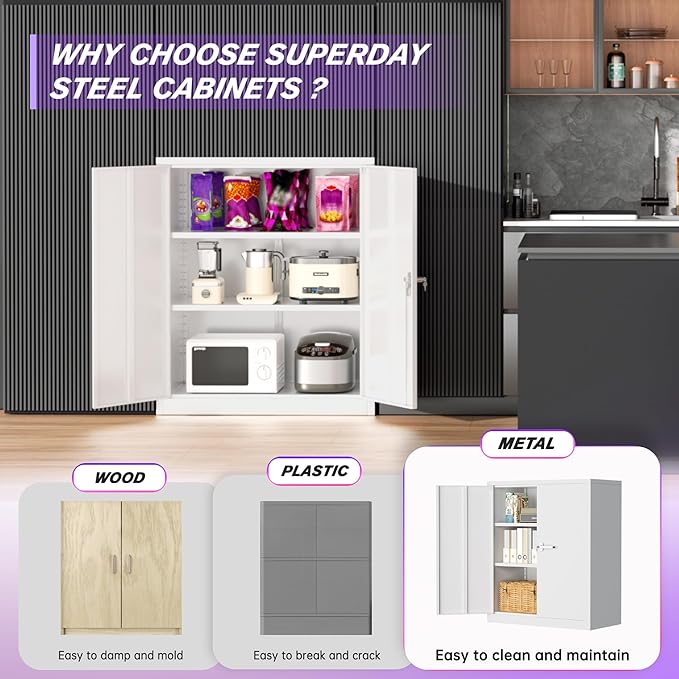 Superday 36" Metal Storage Cabinet, White Garage Storage Cabinets with Locking Doors and Adjustable Shelves, Steel Lockable Cabinets, Tool Cabinet for Home Office, Garage, School