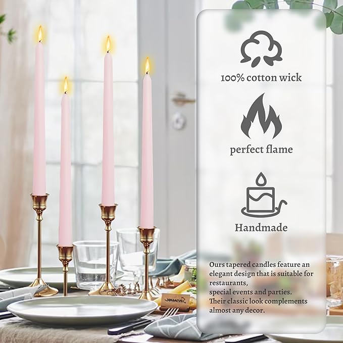Handmade Light Pink Colored Taper Candlesticks Rose Scented Taper Candles Long Lasting Burn Candles Smokeless Aromatherapy Tall Candles 10 inch Elegant for Home Decoration Wedding Party Gift
