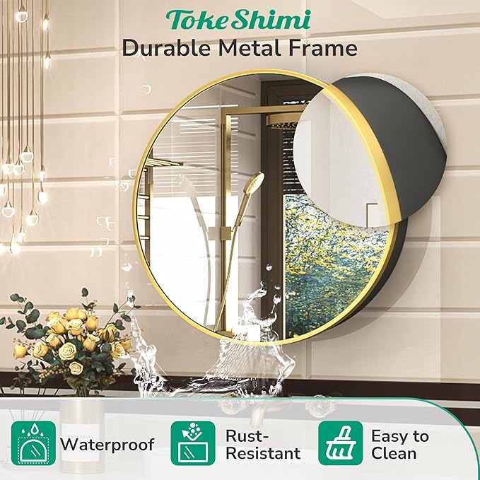 TokeShimi 24 Inch Round Bathroom Medicine Cabinet with Mirror Surface Mount Only Circular Gold Framed Farmhouse Medicine Cabinets for Wall Small Circle Mirrored Bath Cabinet with Vanity Mirror