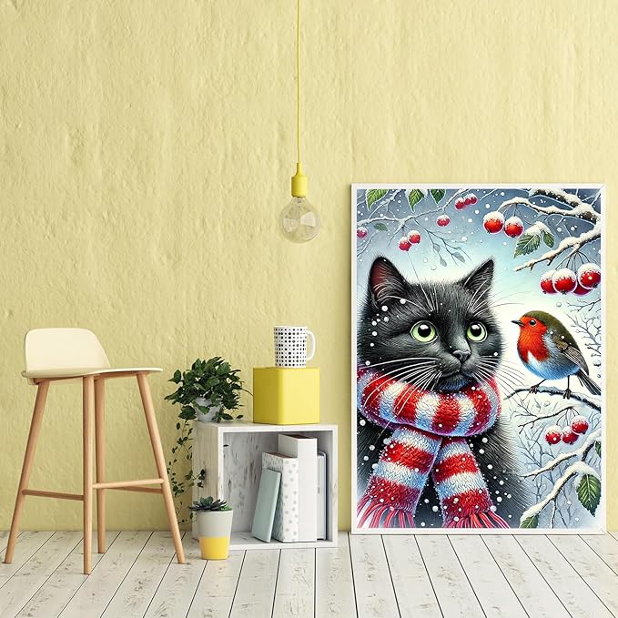 Winter Diamond Painting Kits for Adults Beginners,DIY Cat Hummingbird Diamond Art,5D Full Round Drill Diamond Dot Gem Art Kits,Home Wall Decor 12x16 Inch