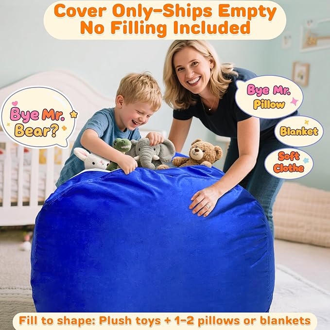 Lukeight Stuffed Animals Storage Bean Bag Chair Cover Only (Ships Empty, No Filling) - Velvet YKK Zipper Beanbag Cover for Kids and Big kids, Washable Plush Toy Organizer, X-Large 30" D x 18" H