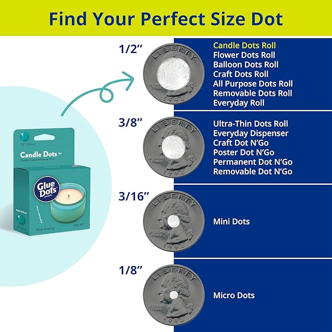 Glue Dots, Candle Dots, Double-Sided, Permanent, 1/2", 3-Pack, 900 Total Dots, Heat-Resistant Adhesive, DIY Candle-Making, Secure Candle-Wick, Liquid Hot Glue Alternative, Clear
