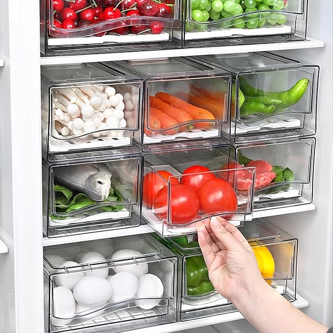 2 Pack Fruit Storage Containers for Fridge, Stackable Refrigerator Organizers and Storage,Reusable Storage Containers Clear Fridge Drawer for Produce,Vegetable in Home Kitchen, Restaurant,BPA-Free