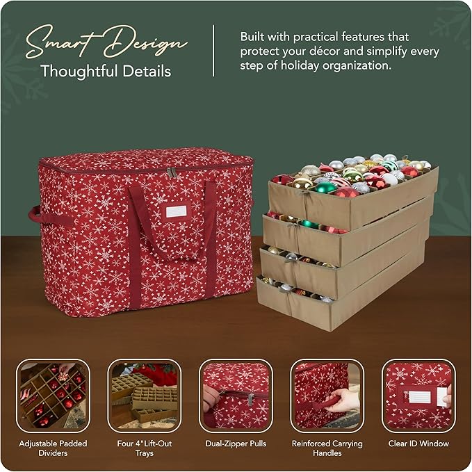 Covermates Keepsakes Adjustable Ornament Storage Bag – Heavy-Duty Polyester, Padded Dividers & FlexGrid Trays – Protective Holiday Ornament Organizer with Handles & Label Window, Red Snowflake