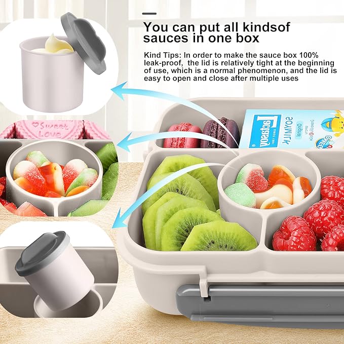Lunch Box for Adults/Kids/Toddler,5 Compartments Bento Lunch Containers with Sauce Vontainers,Microwave & Dishwasher & Freezer Safe,BPA Free(White)