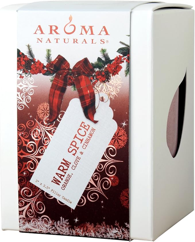 Aroma Naturals Holiday Orange, Clove and Cinnamon Essential Oil Scented Pillar Candle, Warm Spice, 3 inch x 3.5 inch