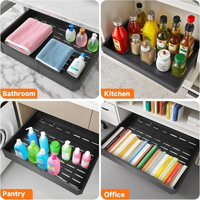 Pull out Cabinet Organizer,Adjustable Width (14"-19") and Depth (17"-24") Expandable,No Drill Slide out Drawers for Kitchen,Pantry,Adhesive Roll out Shelves,for Cabinets Without Lip