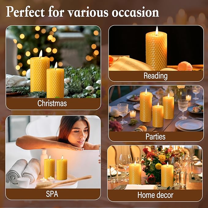 3 Pack Beeswax Pillar Candles Set,100 Hours All Natural Beeswax Rolled Candles 2.8" Width 3" 4" 6" Height 100% Pure Unscented Honeycomb Bees Wax Candle for Home, Wedding, Meditation