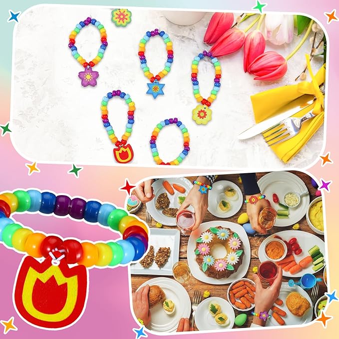 Tondiamo 24 Sets Mothers Day Crafts Spring Flower Beads for Bracelets DIY Colorful Flower Bracelet Making Kit for Spring Mothers Day Jewelry Making Supplies DIY Activities Party Favor Gifts