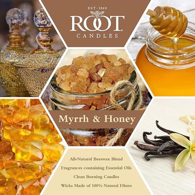 Root Candles Scented Candles in Travel Tin 24-Hour Honeycomb Traveler Handcrafted Beeswax Blend Candle, 4-Ounce, Myrrh & Honey
