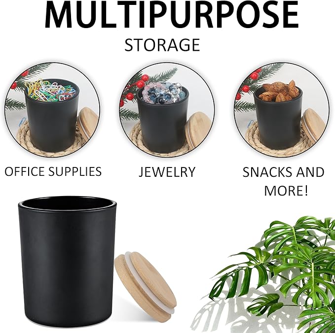 MILIVIXAY 12Pack 12 OZ Matte Black Thick Glass Candle Jars with Lids - Bulk Empty Candle Jar for Making Candles - Spice, Powder Containers.