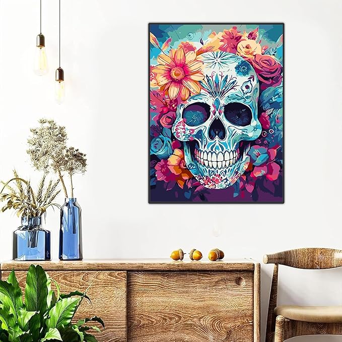 Meothan Paint by Numbers Kits for Adults, Skull Flowers Paint by Numbers Kits on Canvas, with Framed and Easel for Home Wall Decor 12x16inch