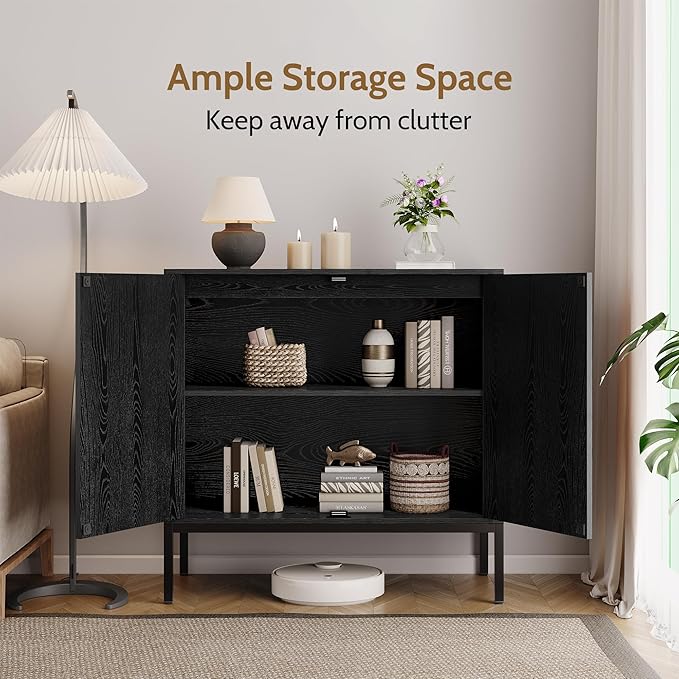Yechen Set of 2 63" Sideboard Cabinet with Natural Rattan Doors, Buffet Console & Accent Cabinet, Rattan Credenza Storage with Metal Legs for Living Room, Kitchen, Dining Room/Black+Nautural