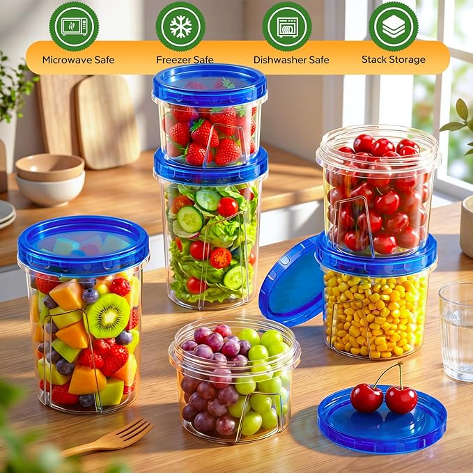 HOMETALL Freezer Storage Containers, [6 Pack- 33/24/17 OZ] Airtight Plastic Food Storage Containers with Twist Top Lids, Soup, Meal Prep Containers | BPA Free | Stackable | Leakproof | Microwave Safe