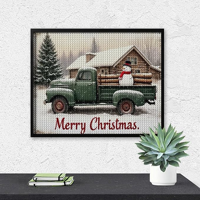 AIVKIEJK Diamond Painting Kits for Adults - Christmas Truck with Snowman & Cabin Winter Painting DIY 5D Full Drill Diamond Dots Paintings with Diamonds Gem Art and Crafts Home Decor 16"x20"
