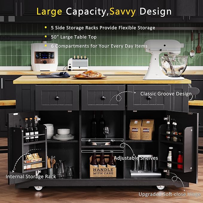 Kitchen Storage Island on Wheels with 2 Bar Stools, Rolling Drop Leaf Kitchen Island Cart with Power Outlet, Open Side Racks, Door Shelves and Towel Bar, 53-Inch, Black