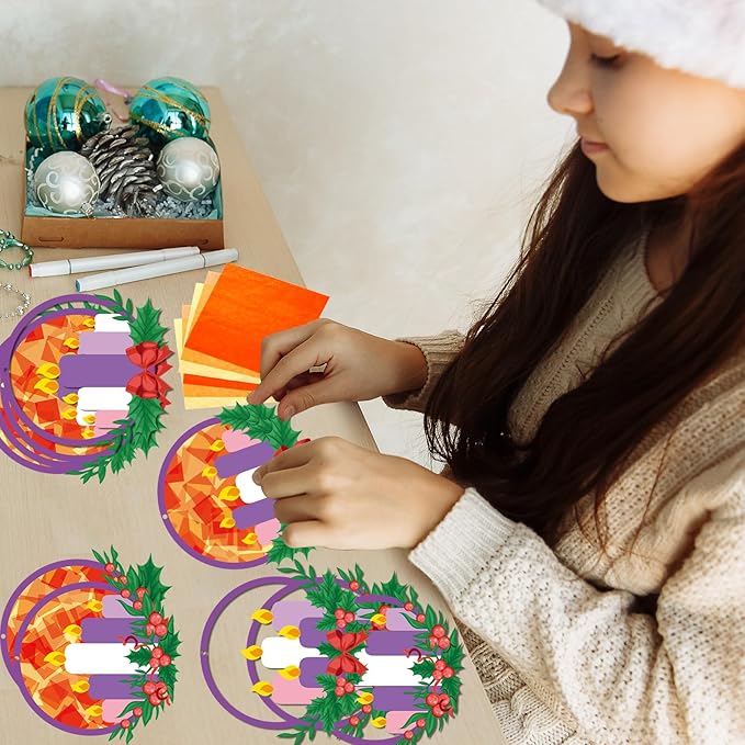 Qyeahkj 36 Set Christmas Advent Wreath Suncatchers Crafts for DIY Advent Candle Tissue Paper Craft Kit Hanging Decor for Xmas Holiday Home Activity Art Project Birthday Party Favor Gift