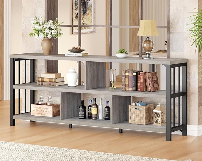 IBF Grey Bookshelf, Industrial 63” Long Open Book Shelf, Wide 5 Cube Gray Horizontal Bookcase for Home Bedroom, 3 Tier Wood Metal Low Cubby Storage Organizer Shelf for Living Room, Light Grey Oak
