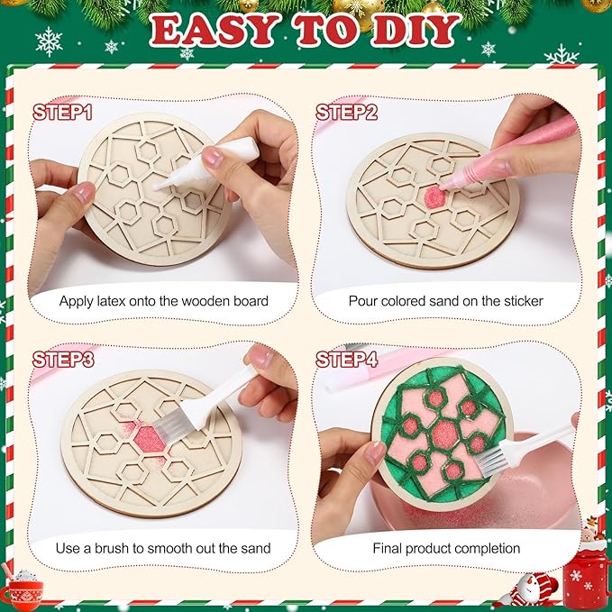 Fiwochic 24 Sets Winter Snowflake Sand Art Kits Double Layered Wooden Winter DIY Coasters Craft Snowflake Make Your Own Cup Coasters for DIY Holiday Activities Table Decoration