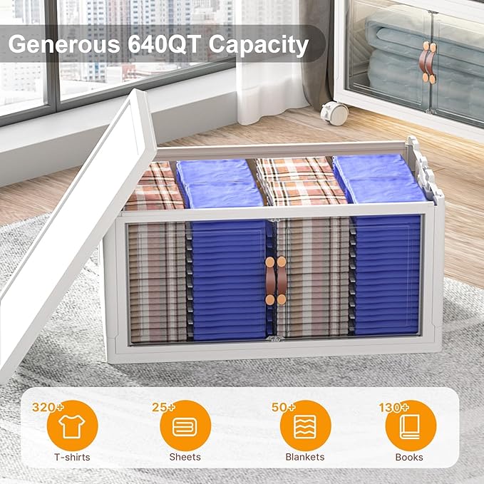Stackable Storage Bins with Lids, 1280QT Closet Organizers and Storage with Doors and Wheels, Extra Large Storage Cabinet, Collapsible Plastic Drawers for Bedroom Dorm Office Garage