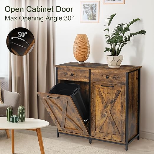 Clevich Double Tilt Out Trash Cabinet 20 Gal, Kitchen Wooden Recycling Cabinet, Hidden Garbage Can Holder w/Drawers & Tabletop, Dog-Proof Trash Bin Cupboard, Rubbish Bins NOT Included (Retro Brown)