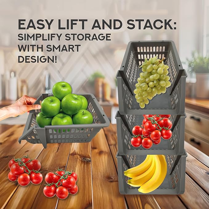 TidyFriend Small Plastic Stackable Storage Bins for Pantry,4 Pack Open Front Storage Bins,Toy Organizers, Kitchen, Bathroom Essentials (Dark Grey)