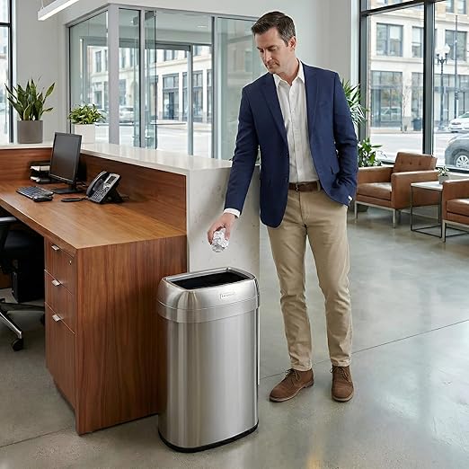 iTouchless 13 Gallon Oval Open Top Trash Can and Recycle Bin with Double AbsorbX Odor Filters, Space-Saving Large Capacity Commercial Grade for Home, Office, Garage, Business, Stainless Steel