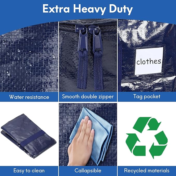 2-Pack Extra-Large Heavy-Duty Storage Totes with Reinforced Handles, Durable Zippers & Waterproof Material — Perfect for Space-Saving, Moving, Shipping and Travel (Blue)