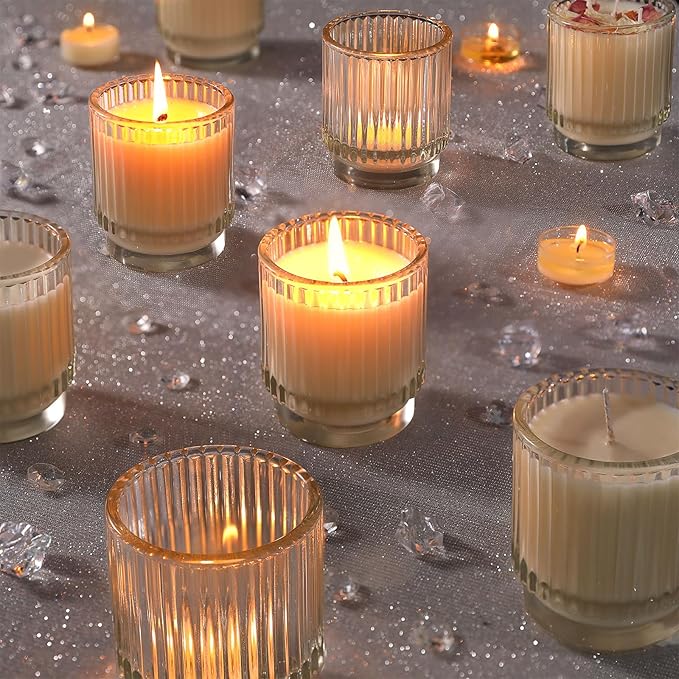 DEVI 7oz Empty Clear Ribbed Glass Candle Jars for Making Candles Set of 8,Glass Candle Jars with Bamboo Lids, Bulk Empty Candle Containers, Candle Tins Making Supplies, Wedding Favors