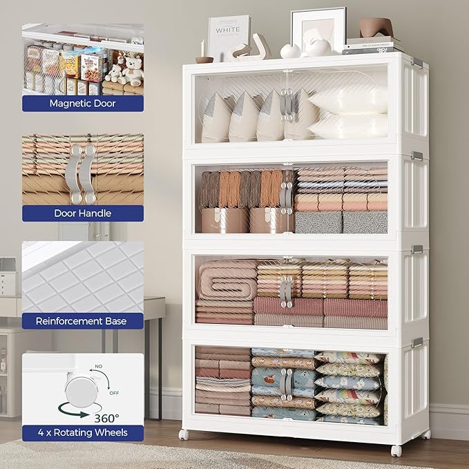 45GAL Plastic Storage Bins with Lid, 180QT Extra Large Stackable Closet Organizers and Storage, Collapsible Storage Boxes with Wheels, Folding Cabinet for Home Kitchen Office, 3Pack White