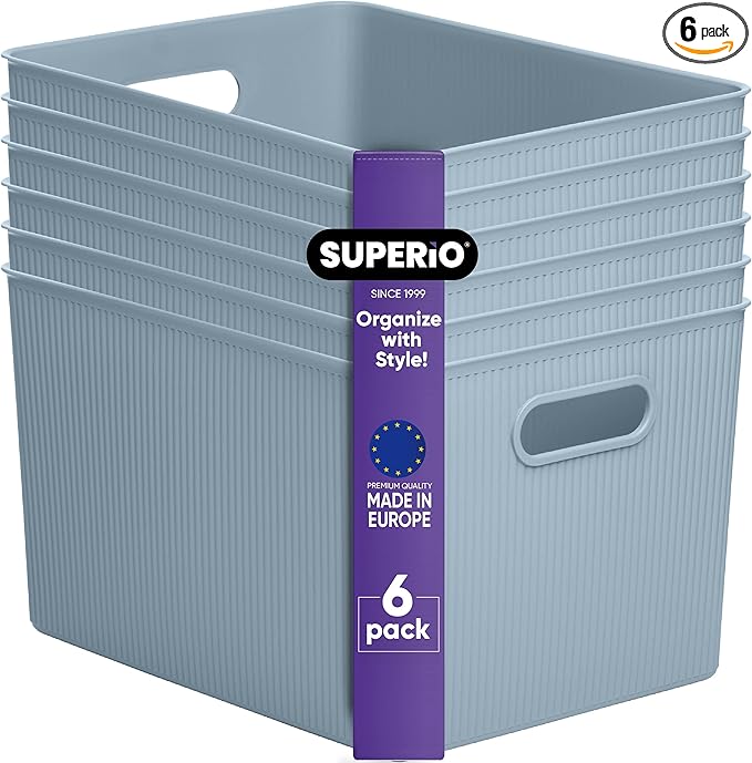 Superio Ribbed Collection - Decorative Plastic Basket Open Home Storage Bins Organizer, X-Large Blue (6 Pack) Container Boxes for Organizing Closet Storage Bins for Shelves 22 Liter/23 Quart