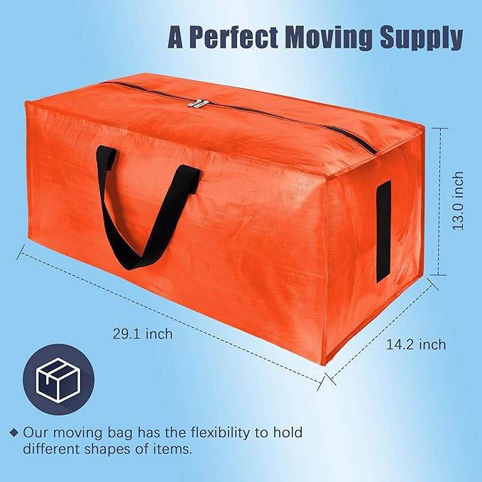 HOMESURE 4 Pack Large Strong Moving Bags with Zippers & Carrying Handles - Water-Resistant - Heavy Duty Storage Tote for Space Saving, Fold Flat, Alternative to Moving Box (Orange)