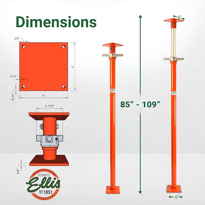 Ellis Manufacturing Light-Duty Steel Construction Jack - Adjustable Screw Jack Post for Floor Leveling, Beams, and Concrete - 5,000 lb Load Capacity - 85"-109" Adjustment, House Jacks for Leveling