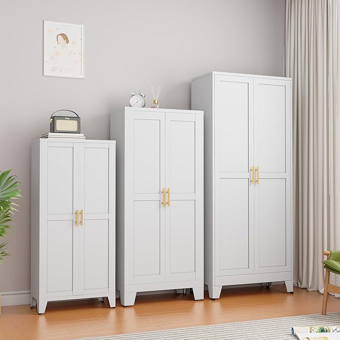 Ckzbx White Metal Cabinets with Doors and Shelves,47.25" H Storage Cabinet White Pantry Cabinet Garage Cabinets for Kitchen,Living Room,Dinning Room