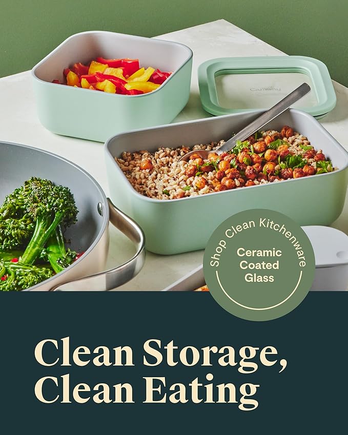 Caraway 2pc Glass Food Storage Set - 6.6 Cup Food Containers (2) - Ceramic Coated - Non Toxic, Non Stick Lunch Box with Lids. Dishwasher, Oven, & Microwave Safe - Gray
