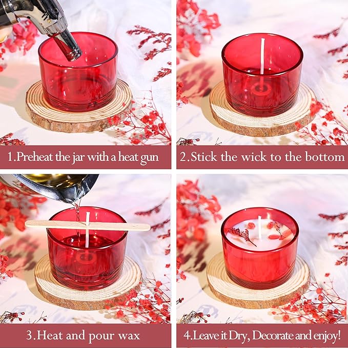 CONNOO 15 Pack 4 OZ Red Glass Candle Jars with Airtight Bamboo Lids for Making Candles, Bulk Small Wide Mouth Empty Candle Containers with Sticky Warning Labels - Dishwasher Safe
