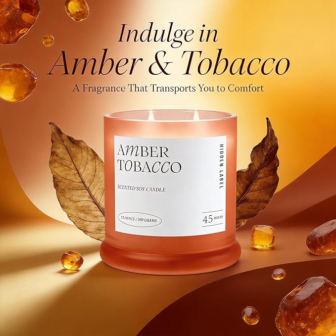 Hidden Label Amber Tobacco Scented Candle, 2 Wick Large Candles for Home Scented, 13oz Natural Soy Wax, 75Hours Long Lasting Slow Burning, Aromatherapy Candle with Reusable Glass Jar