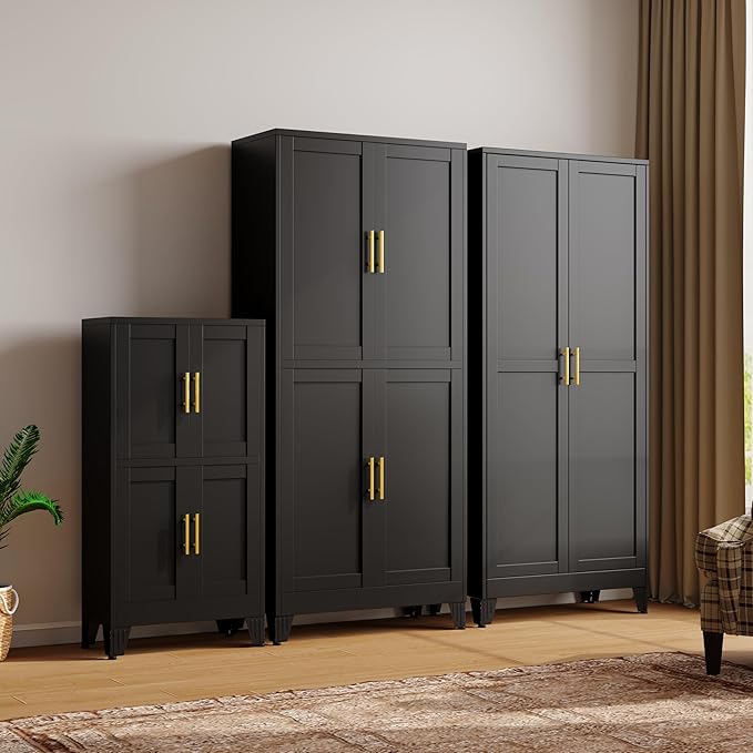 47“H Black Metal Bathroom Storage Cabinet, Kitchen Pantry Cabinet with Doors and 3 Adjustable Shelves, Bathroom cabinets Organizer, for Home Office, Bedroom