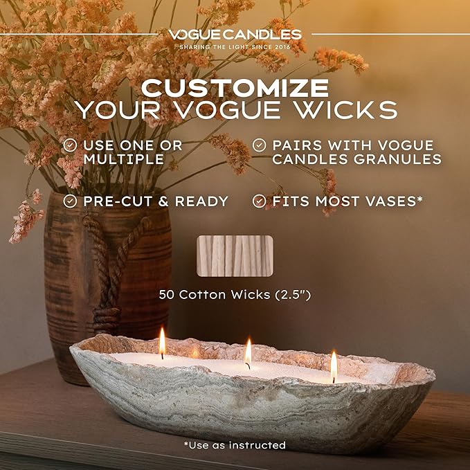 Vogue Candles Cotton Candle Wicks for Candle Making – 50 Pack Clean-Burning Cotton Wicks for Pearled Sand Wax – Self-Extinguishing, Long-Lasting Design for DIY Candles Making Supplies & Home Décor