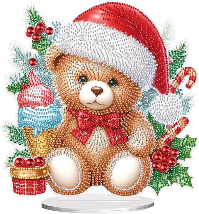5D Diamond Art Painting Ornament Kits Christmas Bear Doll, DIY Diamond Painting Desktop Ornament, Special Shaped Crystal Rhinestone Diamond Art Tabletop Home Office Christmas Tree Decor (24x24.6cm)