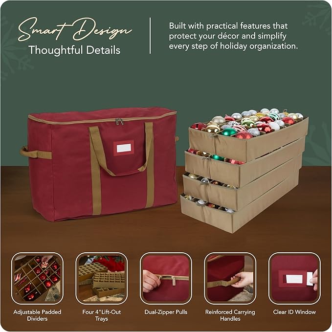 Covermates Keepsakes Adjustable Ornament Storage Bag – Heavy-Duty Polyester, Padded Dividers & FlexGrid Trays – Protective Holiday Ornament Organizer with Handles & Label Window, Red