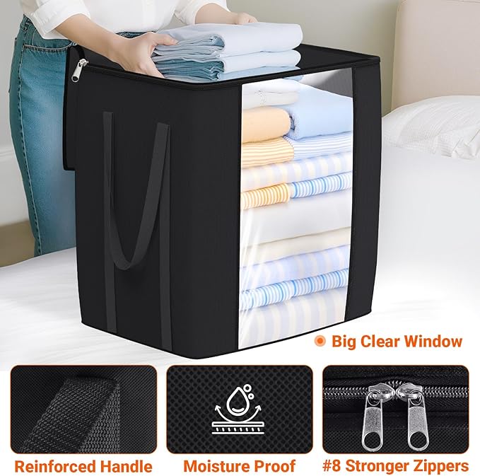 TasticTotes 120L Extra Large Clothes Storage Bags, Foldable Blanket Storage and Organization, Thick Fabric Containers with Reinforced Handles & Zippers for Clothing, Comforters, Bedding, Black, 2 Pack