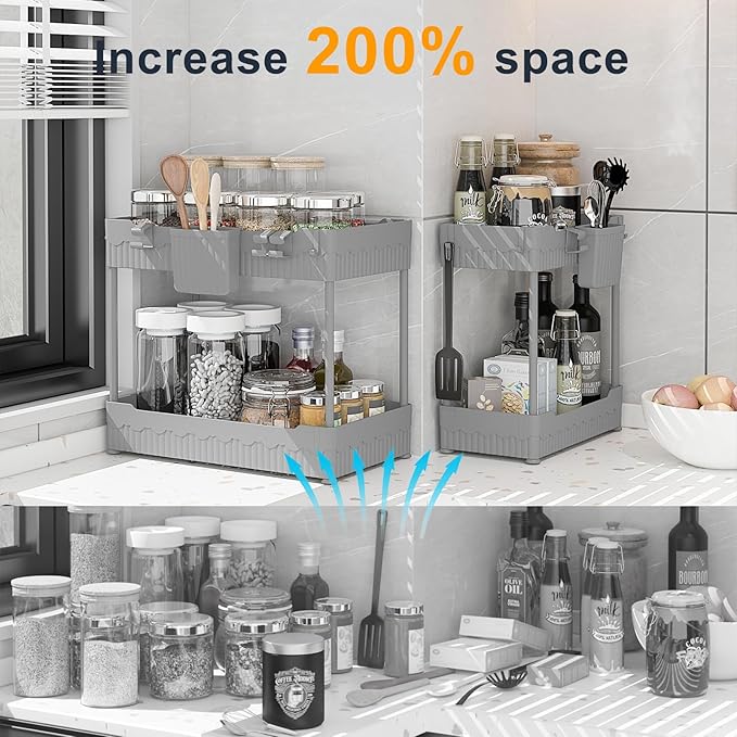 2 Pack Under Sink Organizer, Under Bathroom Cabinet Organizer with Hooks Hanging Cup, Multi-Purpose Storage Shelf for Kitchen Bathroom (Gray, 14.8 Inch)