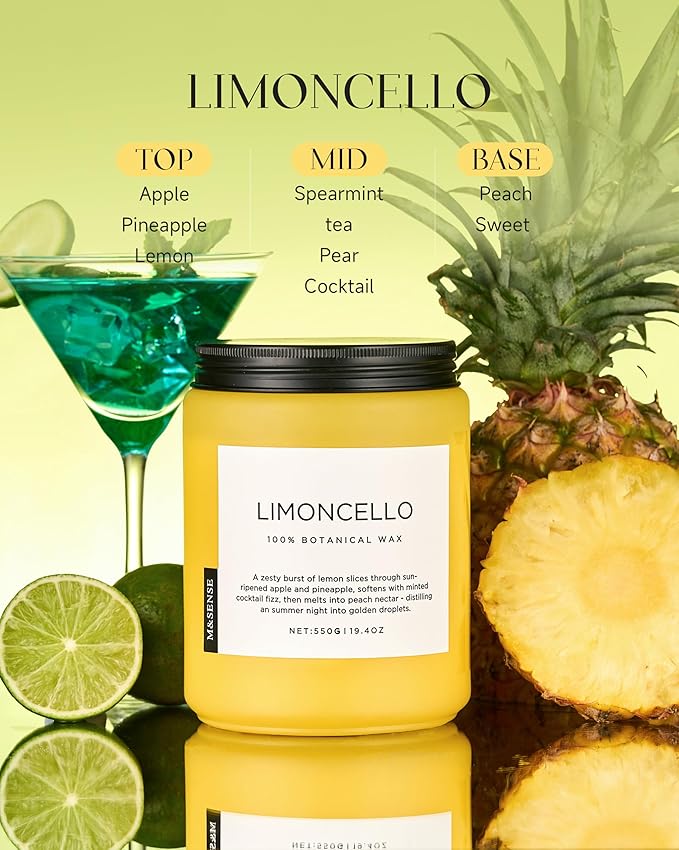M&SENSE Limocello Summer Scented Candle, 19.4oz 110 Hours Long Burning Time, Natural Soy Wax, Non Toxic, 2 Wick, Strong Scent for Large Room Home Decor, Gifts for Mother's Day, Yoga, Spa, Meditation