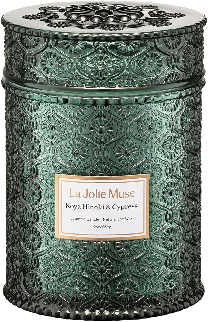 LA JOLIE MUSE Kōya Hinoki & Cypress Candle | Pine, Hinoki & Cedarwood | 19 oz Wooden Wick Soy Candle | 90-Hour Burn | Daily Relaxation & Cozy Ambiance